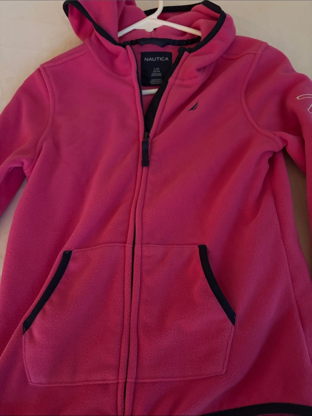 Nautica Girls Hot Pink Hooded Fleece Jacket with Navy Trim